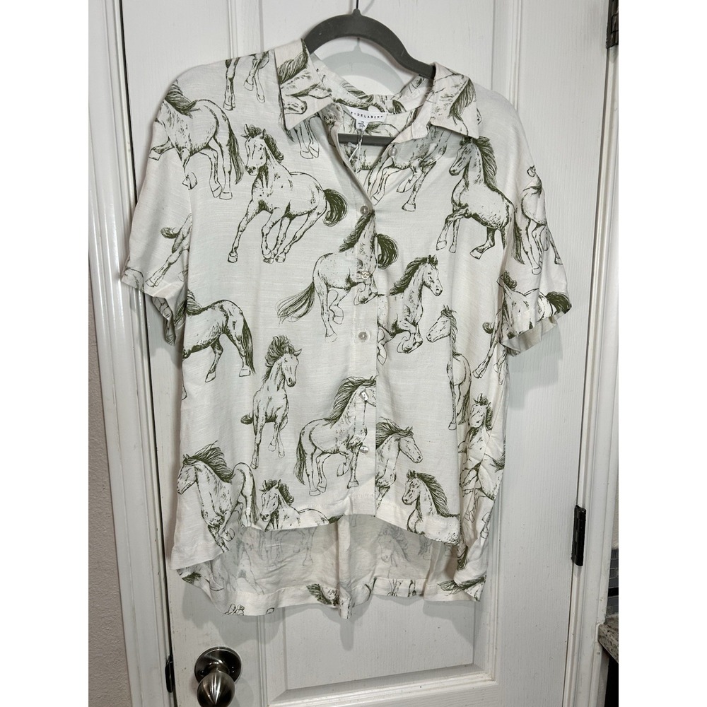 Jane & Delancey Women's Horse Print Button Down Shirt Camp Size M Green
